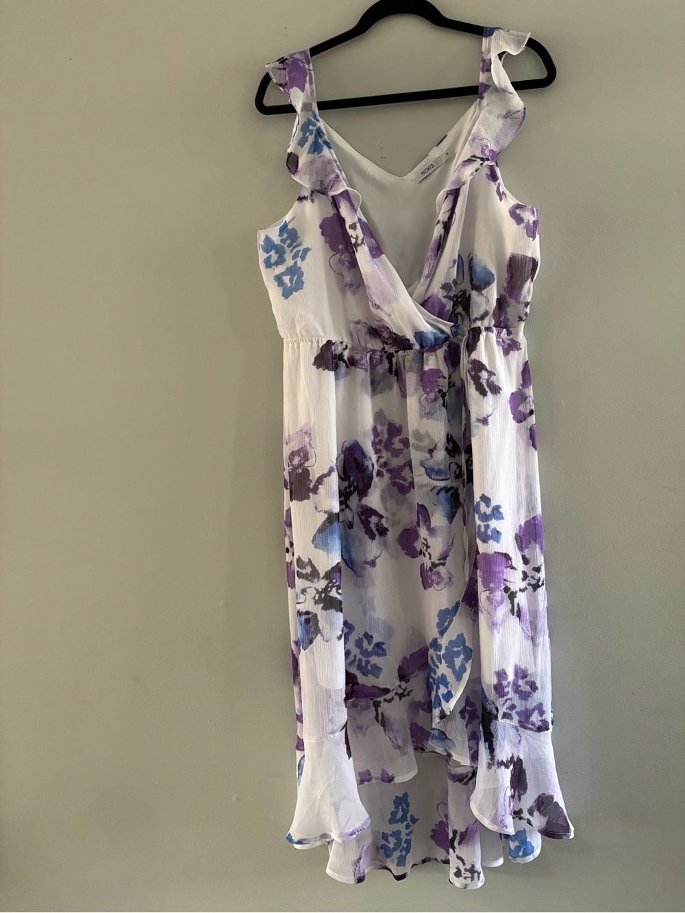 Ricki’s White Floral Ruffle Sleeveless Dress Purple & Blue Print Size 14 Flowy